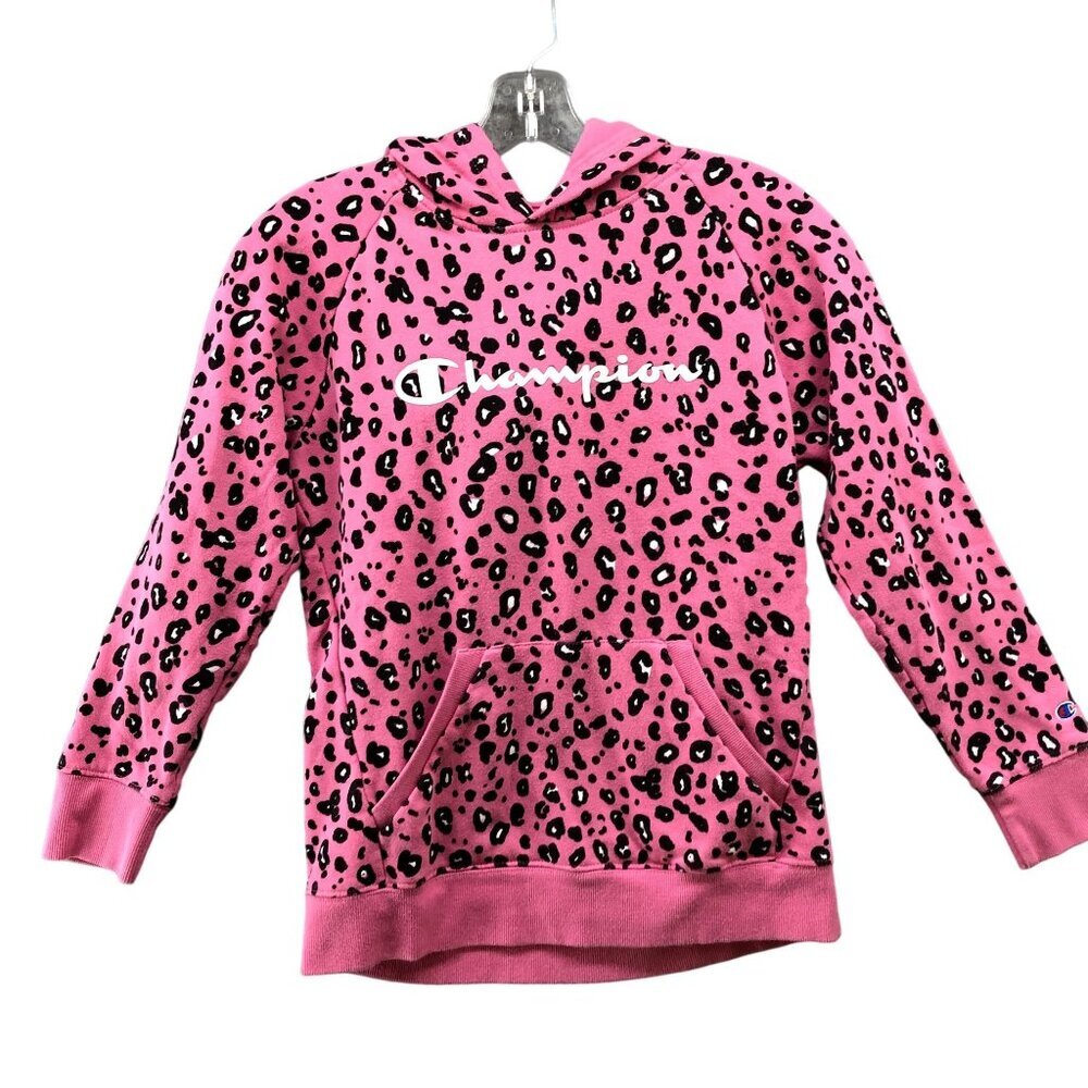 Champion Girls XL (16) Hoodie Pink Leopard Print Sweatshirt Logo Pullover